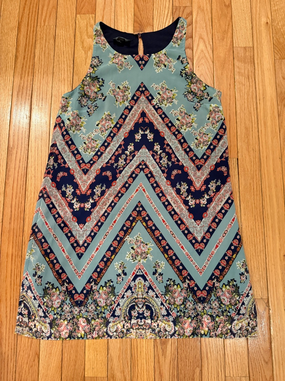 A. Byer Navy Floral Patchwork Printed Dress Size L - Picture 2 of 5